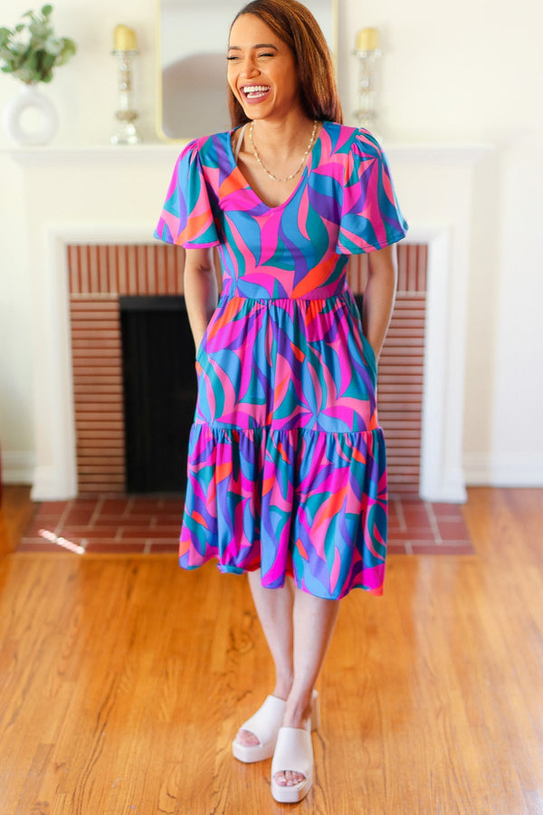 Remember Me Blue & Fuchsia Geo Print V Neck Dress - Coeur de la Mode