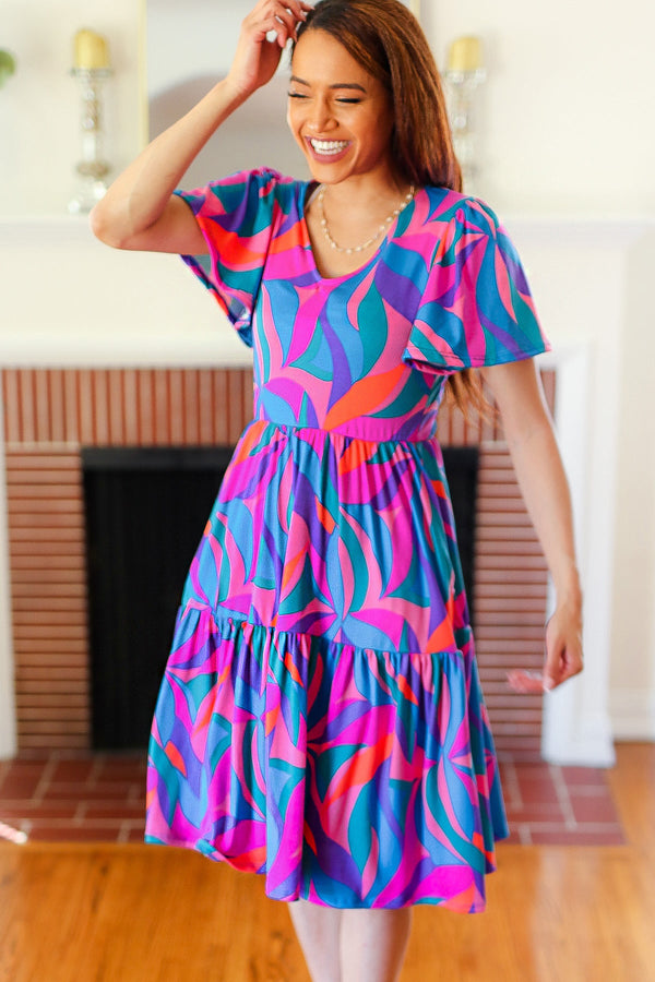 Remember Me Blue & Fuchsia Geo Print V Neck Dress - Coeur de la Mode