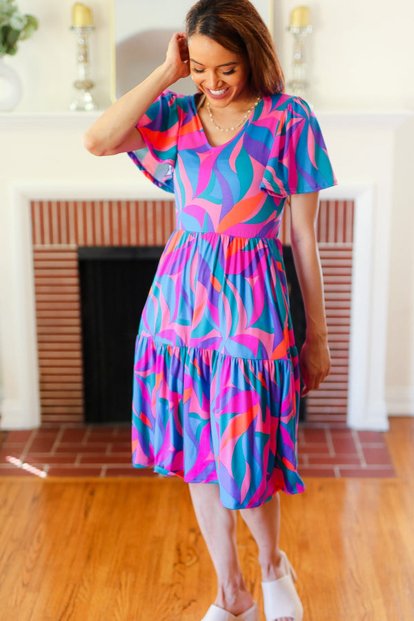 Remember Me Blue & Fuchsia Geo Print V Neck Dress - Coeur de la Mode