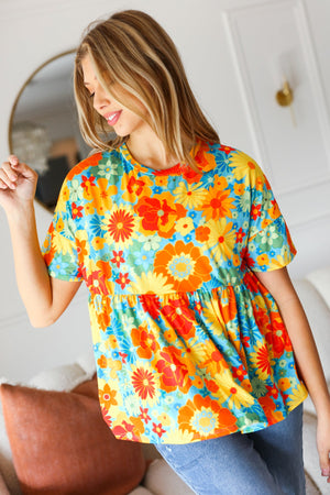 Sunflower& Red Retro Floral Swing Babydoll Top - Coeur de la Mode