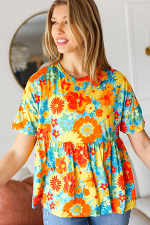 Sunflower& Red Retro Floral Swing Babydoll Top - Coeur de la Mode