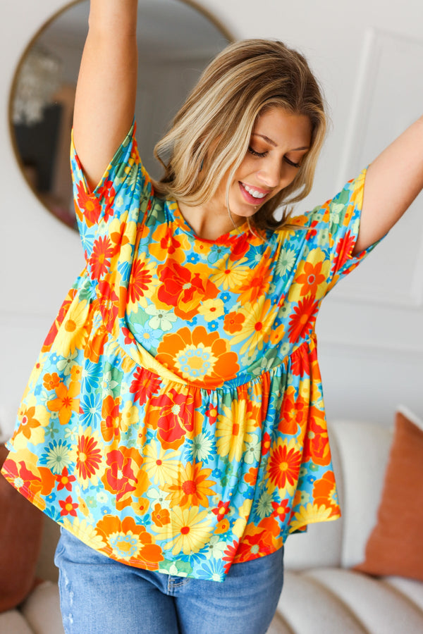 Sunflower& Red Retro Floral Swing Babydoll Top - Coeur de la Mode