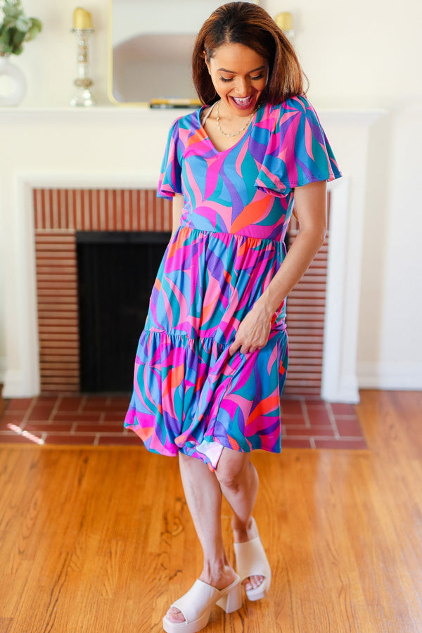 Remember Me Blue & Fuchsia Geo Print V Neck Dress - Coeur de la Mode