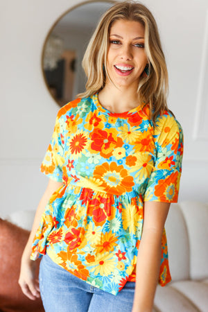 Sunflower& Red Retro Floral Swing Babydoll Top - Coeur de la Mode