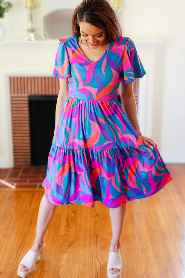 Remember Me Blue & Fuchsia Geo Print V Neck Dress - Coeur de la Mode
