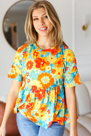 Sunflower& Red Retro Floral Swing Babydoll Top - Coeur de la Mode