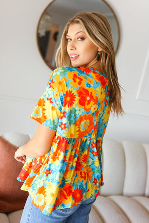 Sunflower& Red Retro Floral Swing Babydoll Top - Coeur de la Mode