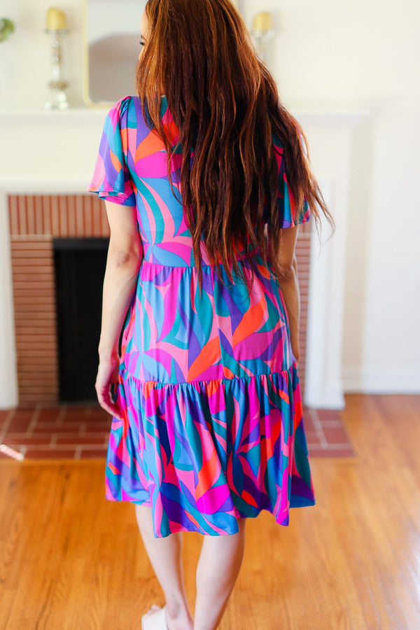 Remember Me Blue & Fuchsia Geo Print V Neck Dress - Coeur de la Mode