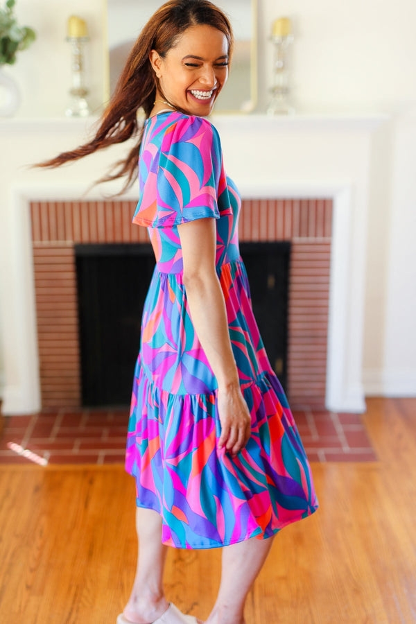 Remember Me Blue & Fuchsia Geo Print V Neck Dress - Coeur de la Mode