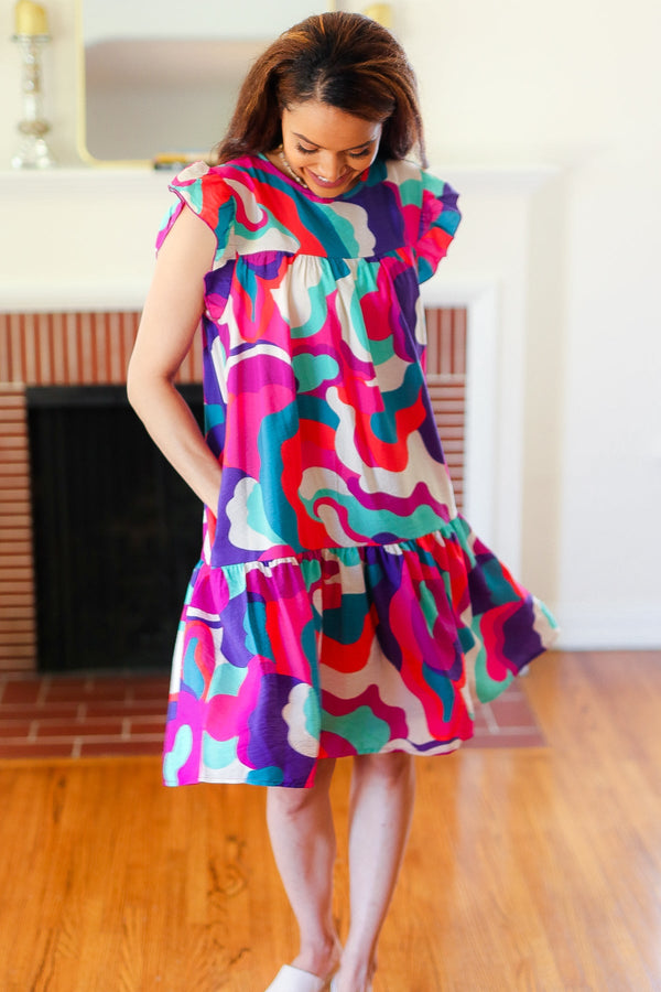 Go For Fun Fuchsia Geo Print Tiered Ruffle Sleeve Woven Dress - Coeur de la Mode