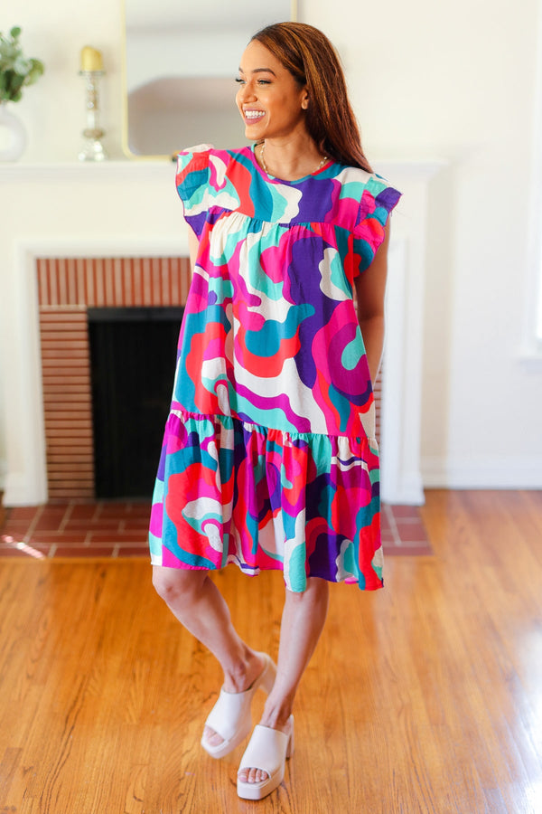Go For Fun Fuchsia Geo Print Tiered Ruffle Sleeve Woven Dress - Coeur de la Mode
