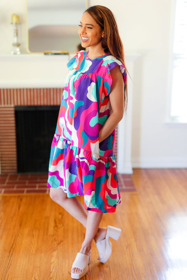 Go For Fun Fuchsia Geo Print Tiered Ruffle Sleeve Woven Dress - Coeur de la Mode