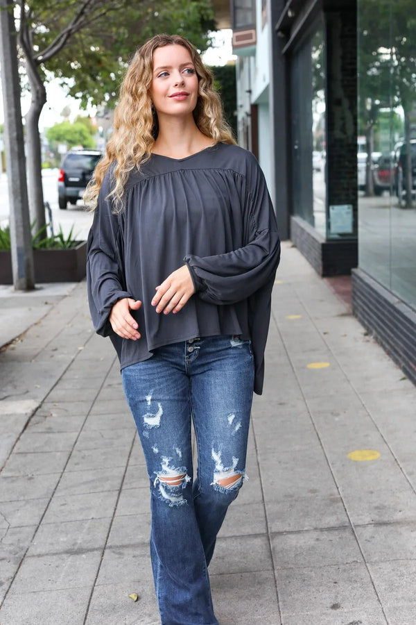 Casual Chic Charcoal V Neck Yoke Modal Knit Top - Coeur de la Mode