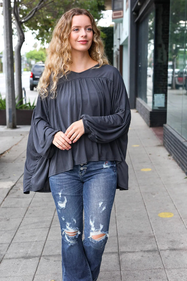 Casual Chic Charcoal V Neck Yoke Modal Knit Top - Coeur de la Mode