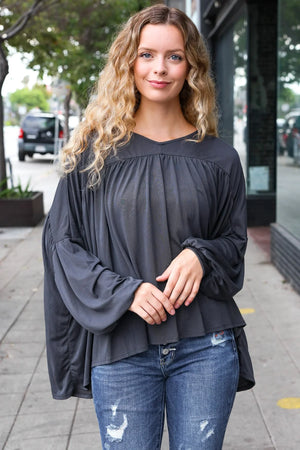 Casual Chic Charcoal V Neck Yoke Modal Knit Top - Coeur de la Mode
