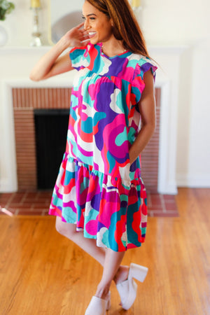 Go For Fun Fuchsia Geo Print Tiered Ruffle Sleeve Woven Dress - Coeur de la Mode