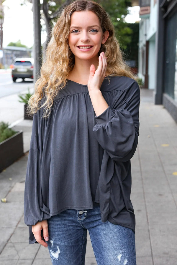 Casual Chic Charcoal V Neck Yoke Modal Knit Top - Coeur de la Mode