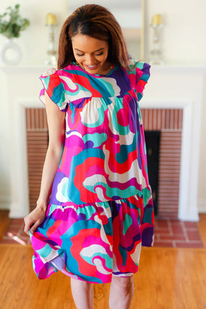 Go For Fun Fuchsia Geo Print Tiered Ruffle Sleeve Woven Dress - Coeur de la Mode