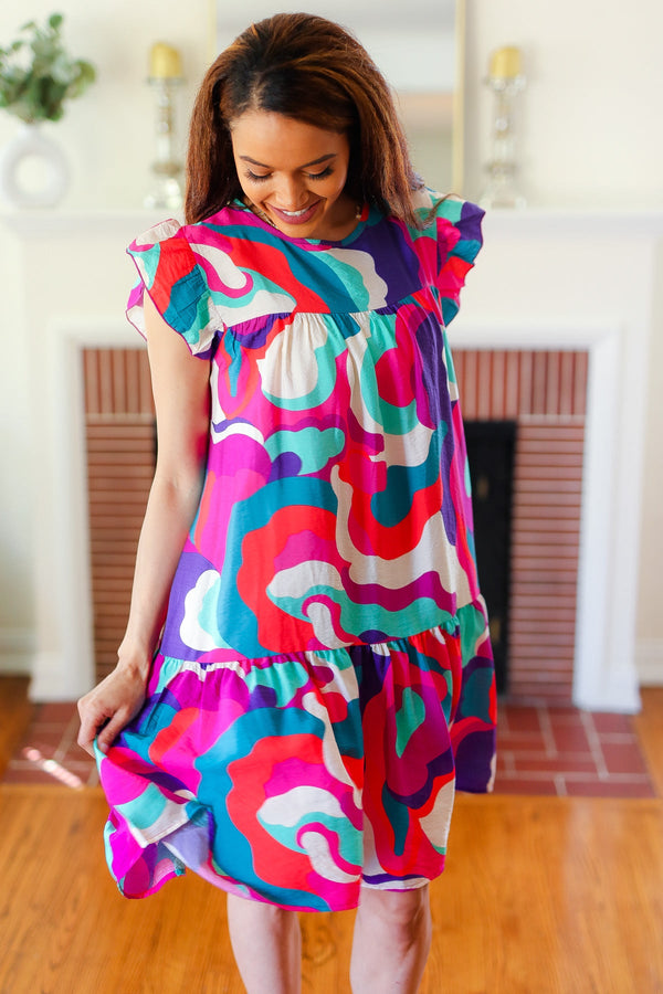 Go For Fun Fuchsia Geo Print Tiered Ruffle Sleeve Woven Dress - Coeur de la Mode