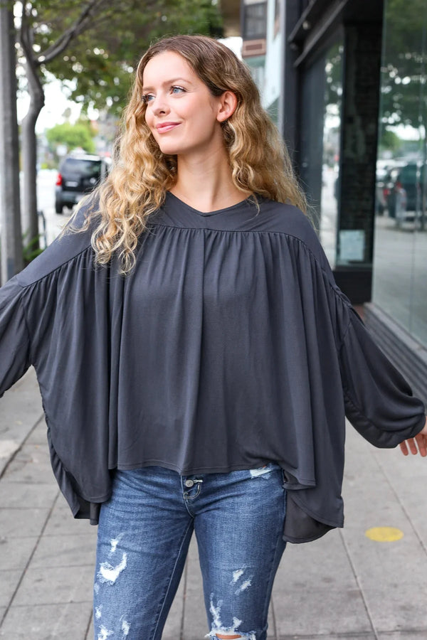 Casual Chic Charcoal V Neck Yoke Modal Knit Top - Coeur de la Mode