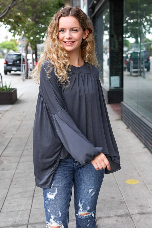 Casual Chic Charcoal V Neck Yoke Modal Knit Top - Coeur de la Mode