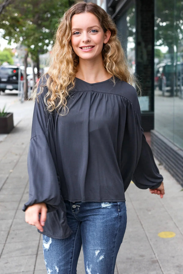 Casual Chic Charcoal V Neck Yoke Modal Knit Top - Coeur de la Mode
