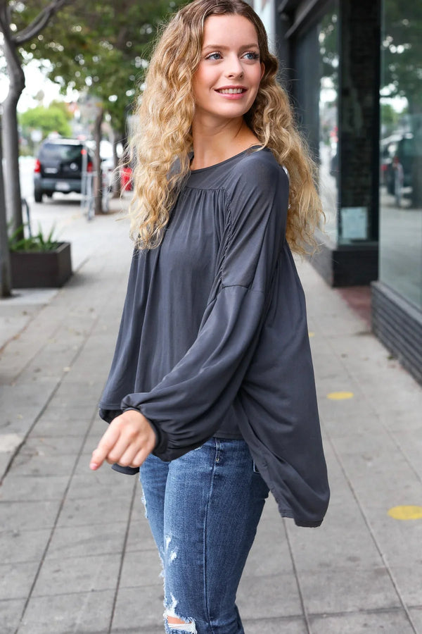 Casual Chic Charcoal V Neck Yoke Modal Knit Top - Coeur de la Mode