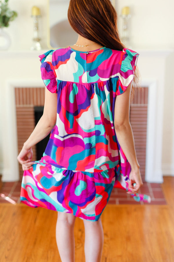 Go For Fun Fuchsia Geo Print Tiered Ruffle Sleeve Woven Dress - Coeur de la Mode
