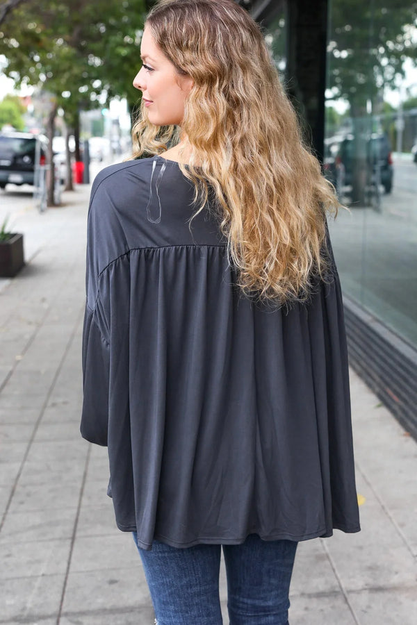 Casual Chic Charcoal V Neck Yoke Modal Knit Top - Coeur de la Mode