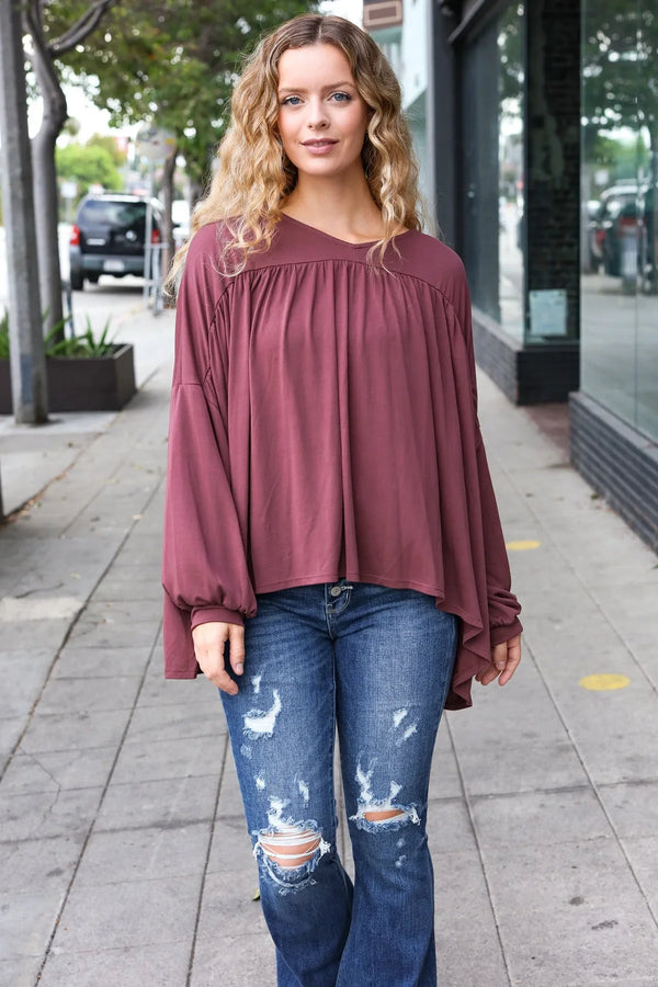 Casual Chic Wine V Neck Yoke Modal Knit Oversized Top - Coeur de la Mode