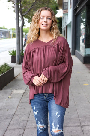 Casual Chic Wine V Neck Yoke Modal Knit Oversized Top - Coeur de la Mode