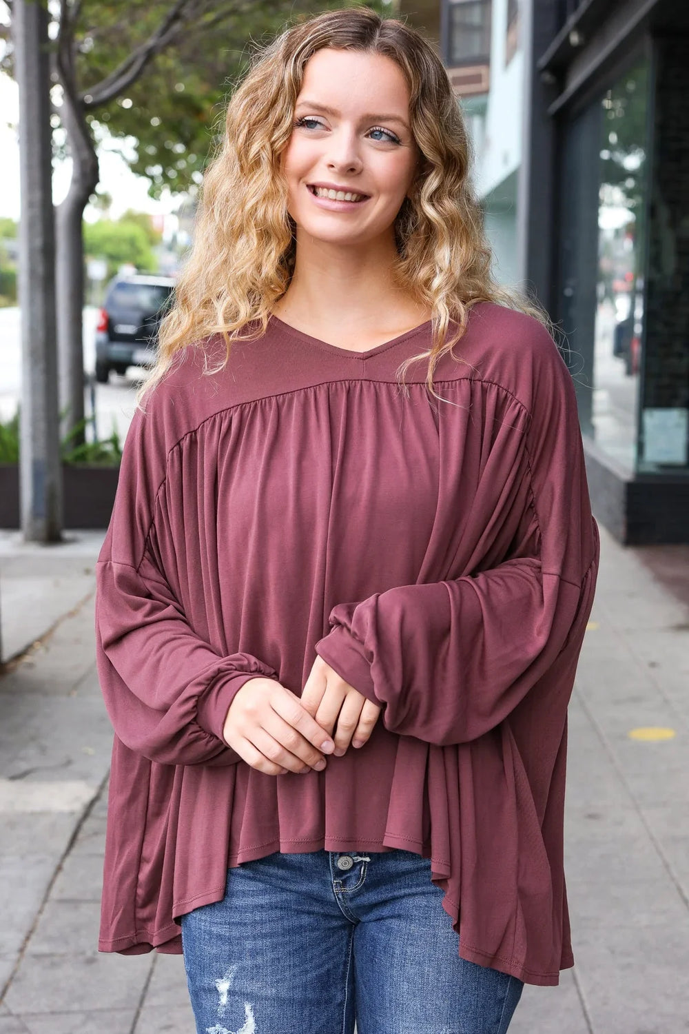 Casual Chic Wine V Neck Yoke Modal Knit Oversized Top - Coeur de la Mode