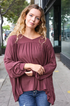 Casual Chic Wine V Neck Yoke Modal Knit Oversized Top - Coeur de la Mode