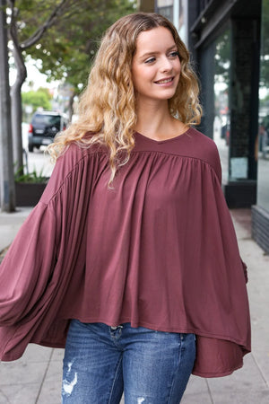 Casual Chic Wine V Neck Yoke Modal Knit Oversized Top - Coeur de la Mode