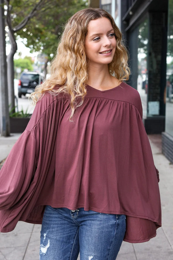 Casual Chic Wine V Neck Yoke Modal Knit Oversized Top - Coeur de la Mode