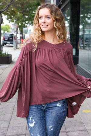 Casual Chic Wine V Neck Yoke Modal Knit Oversized Top - Coeur de la Mode