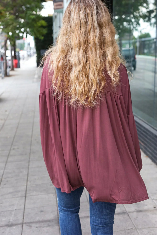 Casual Chic Wine V Neck Yoke Modal Knit Oversized Top - Coeur de la Mode