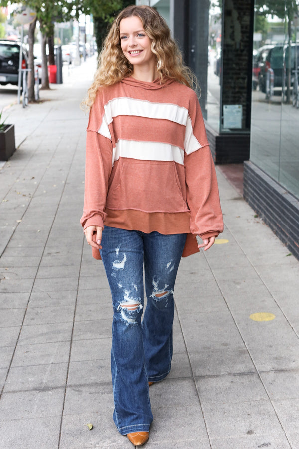 Feeling Playful Rust Stripe Color Block French Terry Hoodie - Coeur de la Mode
