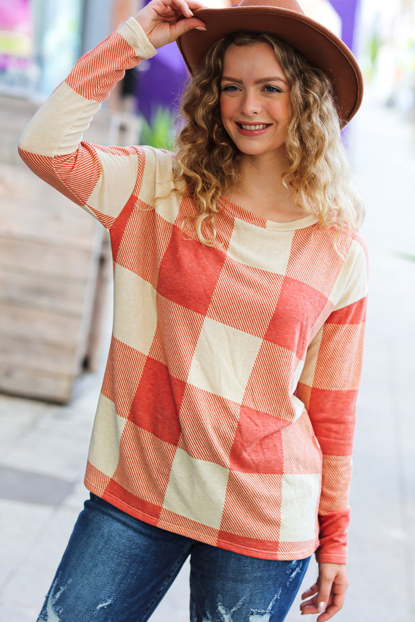 Rust Checker Plaid French Terry Top - Coeur de la Mode