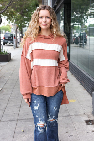Feeling Playful Rust Stripe Color Block French Terry Hoodie - Coeur de la Mode
