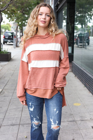 Feeling Playful Rust Stripe Color Block French Terry Hoodie - Coeur de la Mode