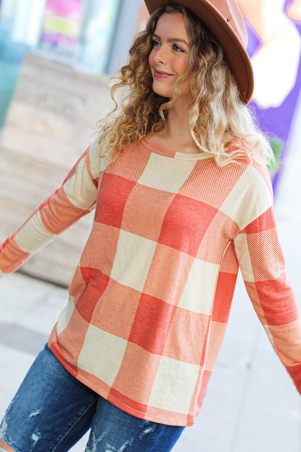 Rust Checker Plaid French Terry Top - Coeur de la Mode