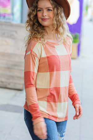 Rust Checker Plaid French Terry Top - Coeur de la Mode