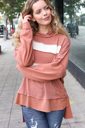 Feeling Playful Rust Stripe Color Block French Terry Hoodie - Coeur de la Mode