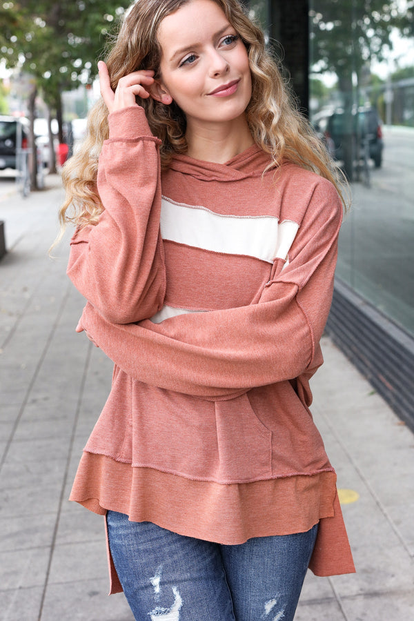 Feeling Playful Rust Stripe Color Block French Terry Hoodie - Coeur de la Mode