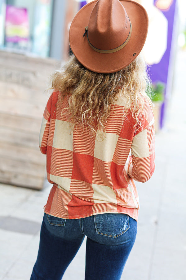 Rust Checker Plaid French Terry Top - Coeur de la Mode