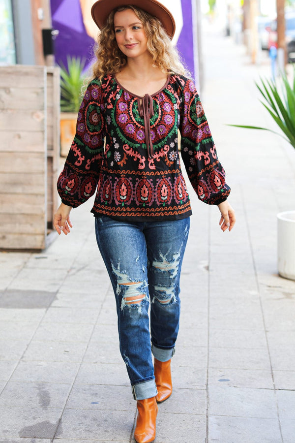 Take The Leap Black & Mauve Border Print Boho Tie Top - Coeur de la Mode