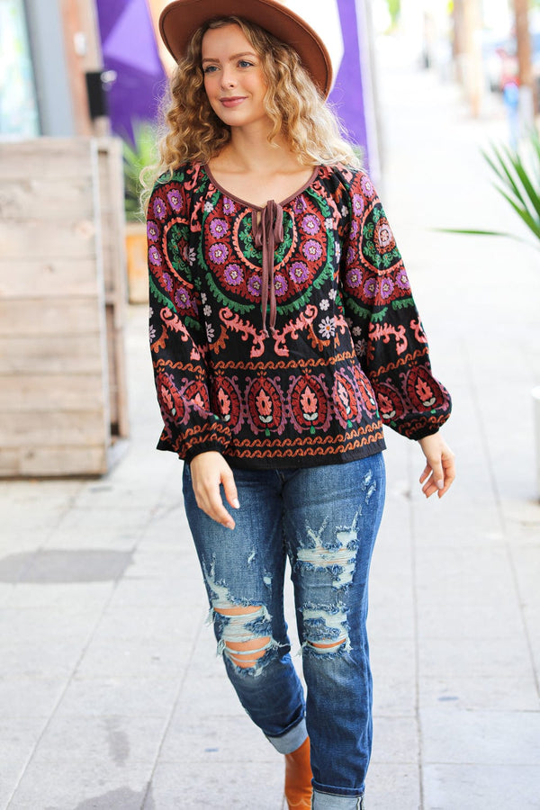 Take The Leap Black & Mauve Border Print Boho Tie Top - Coeur de la Mode