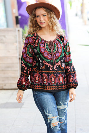 Take The Leap Black & Mauve Border Print Boho Tie Top - Coeur de la Mode