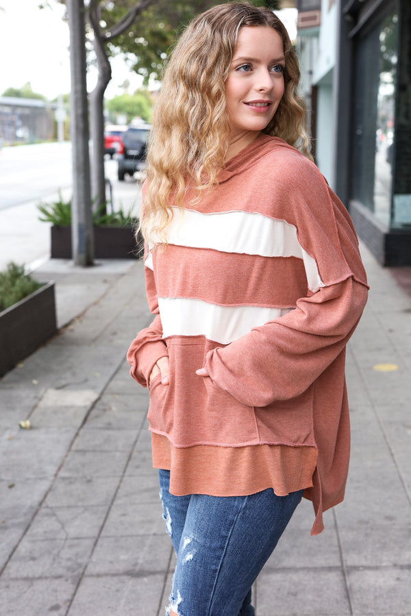 Feeling Playful Rust Stripe Color Block French Terry Hoodie - Coeur de la Mode